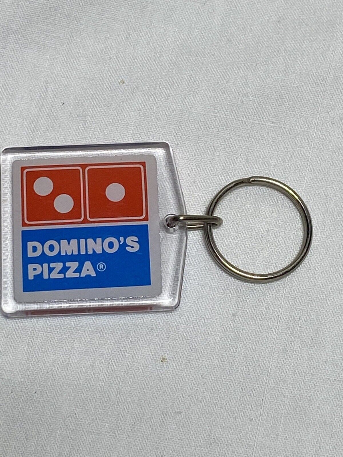 Vintage Domino’s Pizza Keychain square clear plastic red and blue logo 1.5\