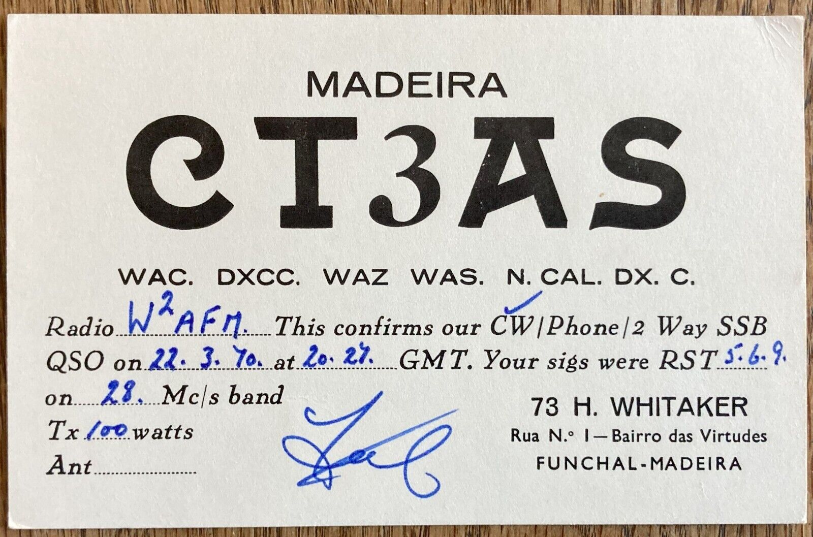 QSL Card - Funchal Madeira H. Whitaker CT3AS  1970  Postcard