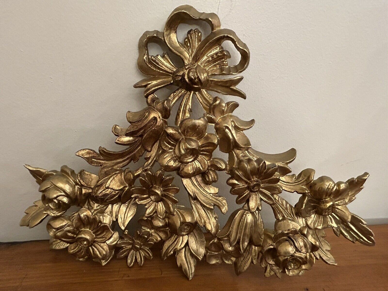 VTG Italian Floral Wall Hanging MCM Gold Bow Flowers Plaque Wall Art 11x15 Italy