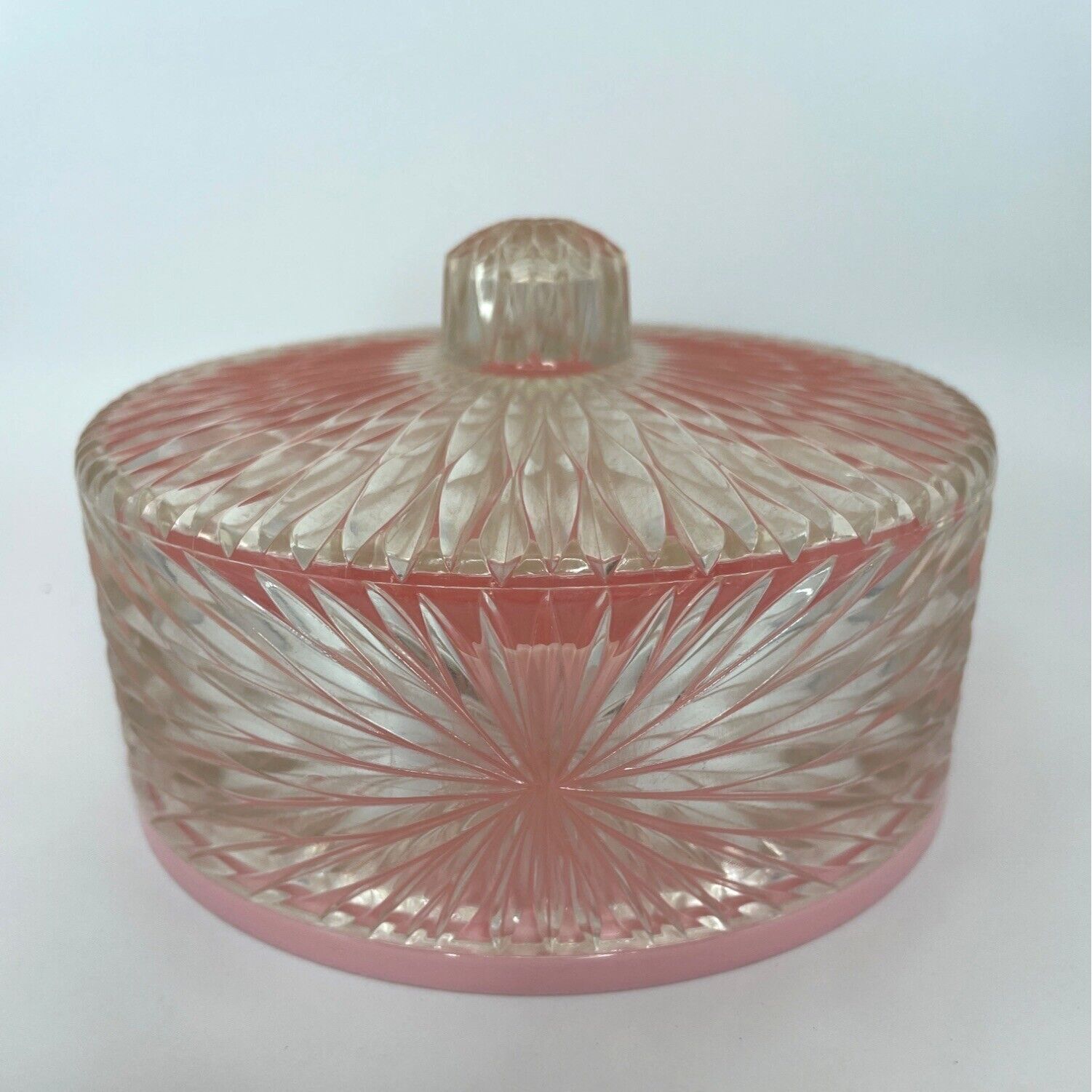 Vintage Celebrity Inc. Pink Crystal Cut Acrylic Round Powder Box