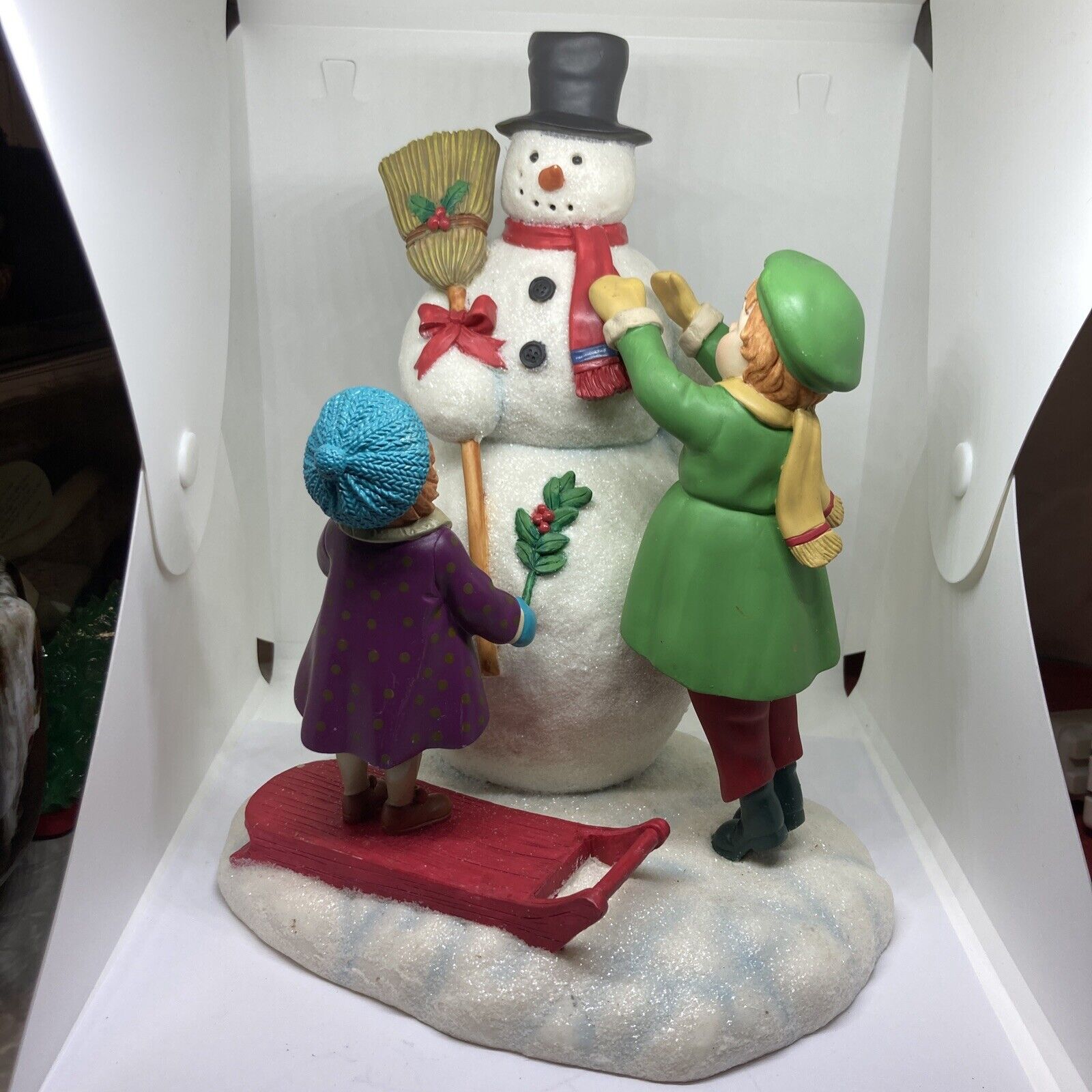Hallmark Large Traditional Snowman Glitter figurine being built by children 9\