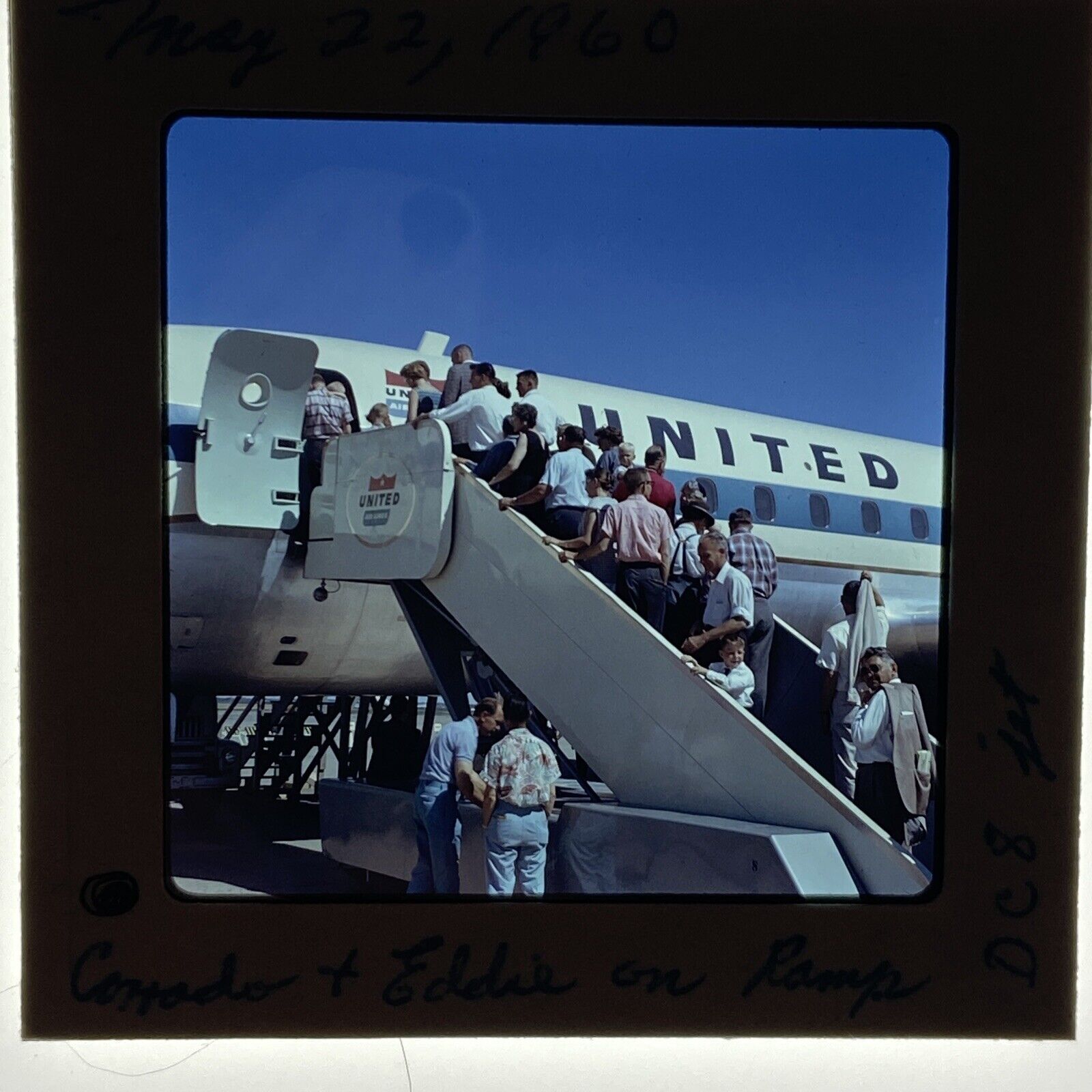 1960 DC 8 United Airlines Medium Format Slide People Boarding Ramp Vintage