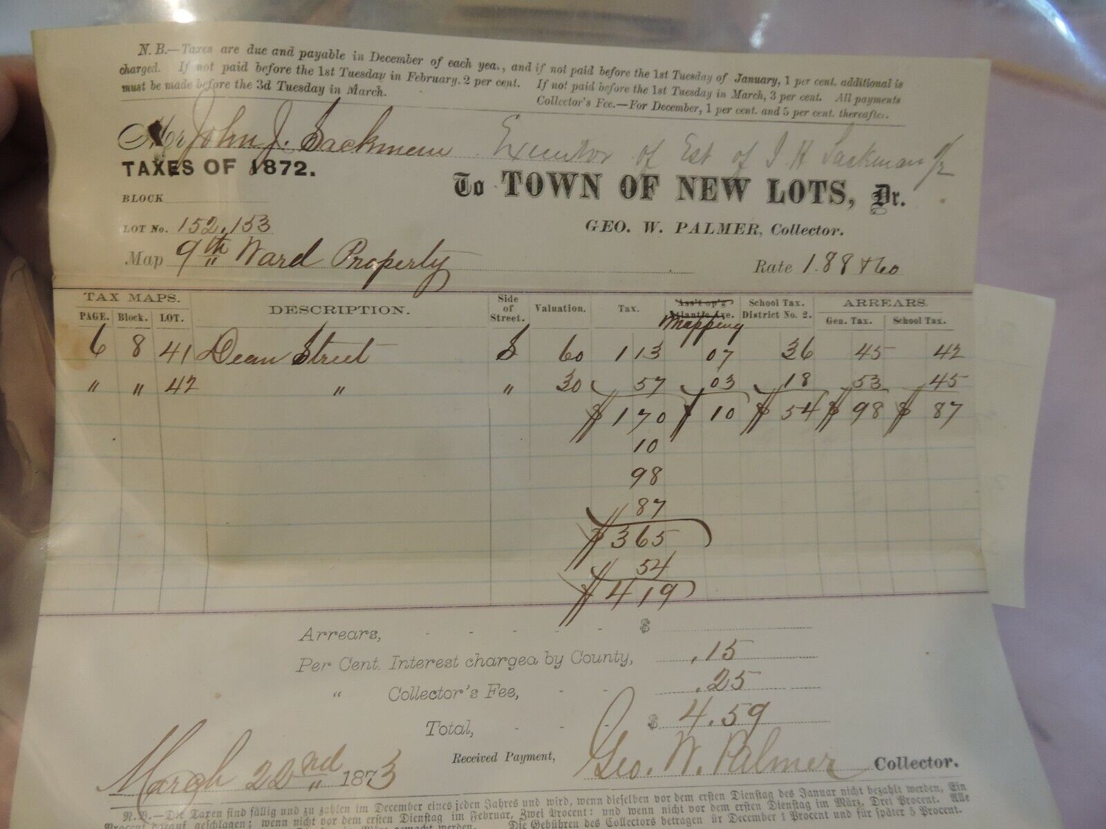1872 Town New Lots East New York Brownsville Sackman Property Tax Bill Brooklyn