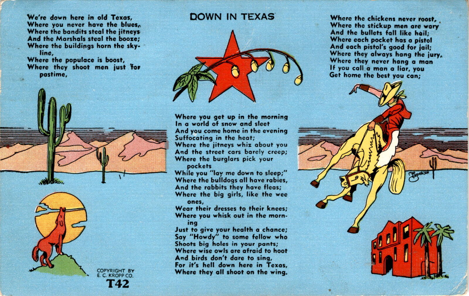 Texas, bandits, marshals, skyline, shootings, hot weather, pistols, Postcard