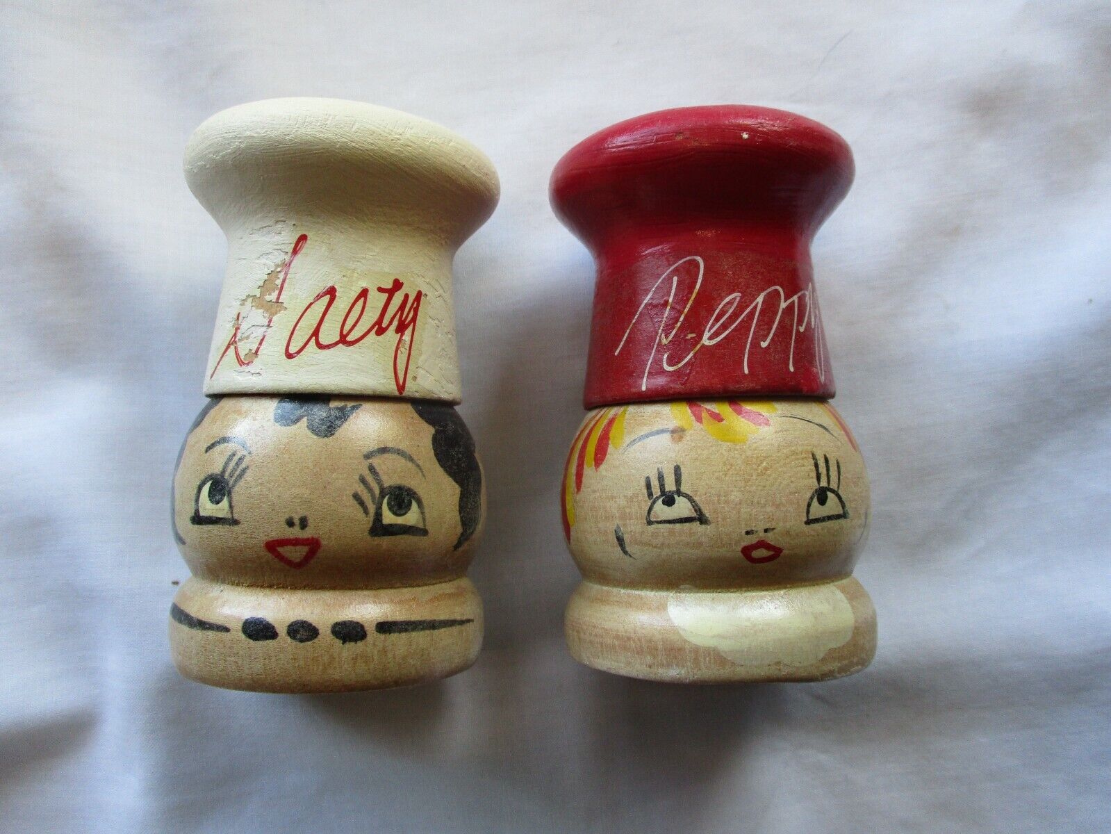 Vintage Ucagco Hand Painted Wood Chef Salt & Pepper Shakers Salty Peppy JAPAN