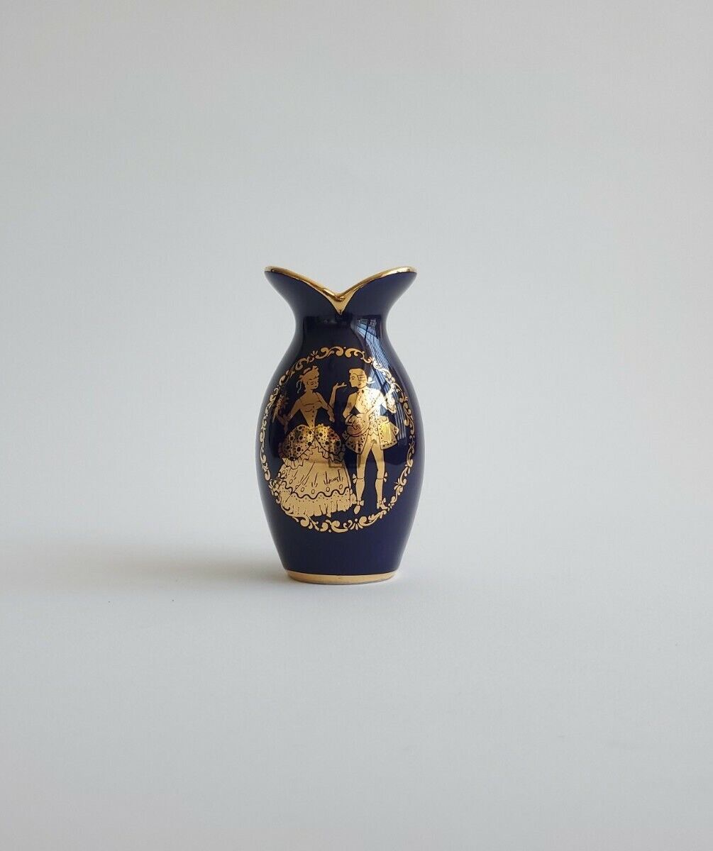 Vintage Miniature Porcelain Vase Cobalt Blue  24K Gold Rare Collectible 
