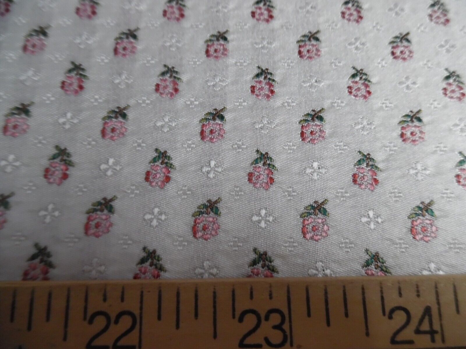 100% SILK BROCADE~MINIATURE SCALE~JACQUARD~PINK ROSES/OFF WHITE~9.5