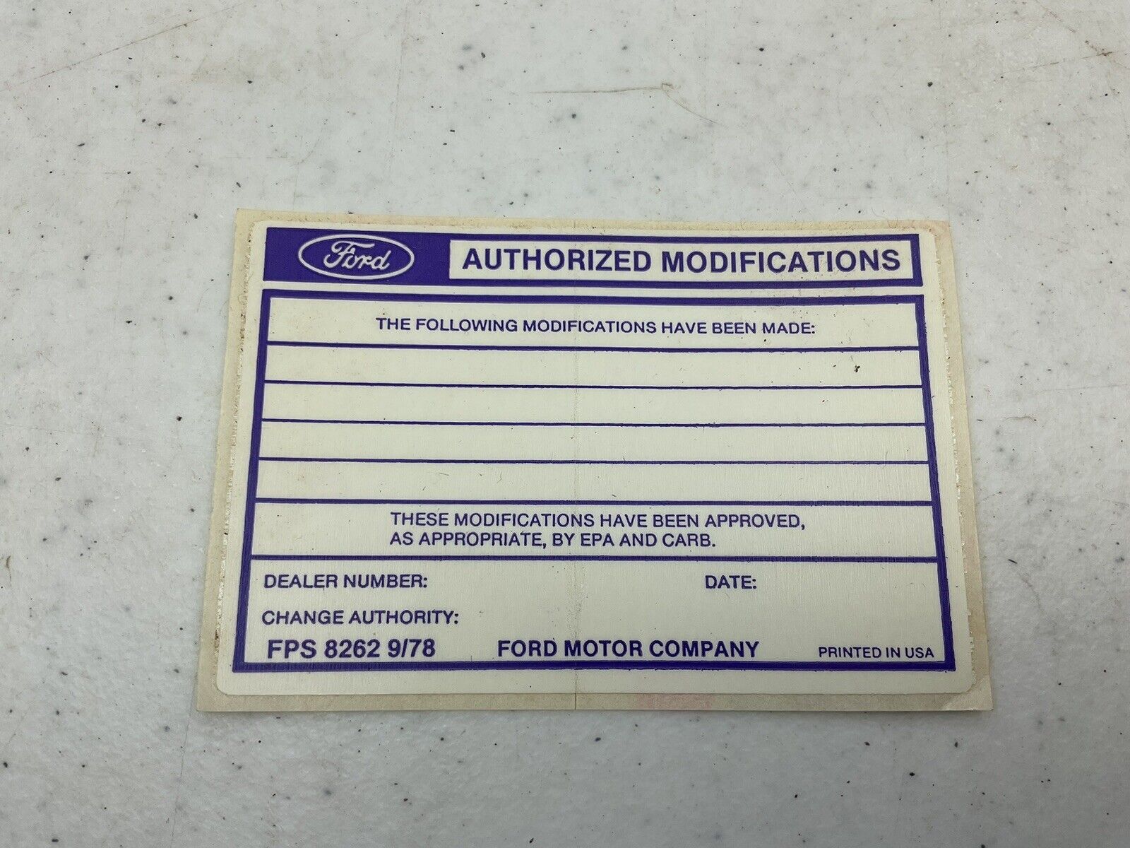 Ford Motor Company Authorized Modifications Tag Sticker NOS