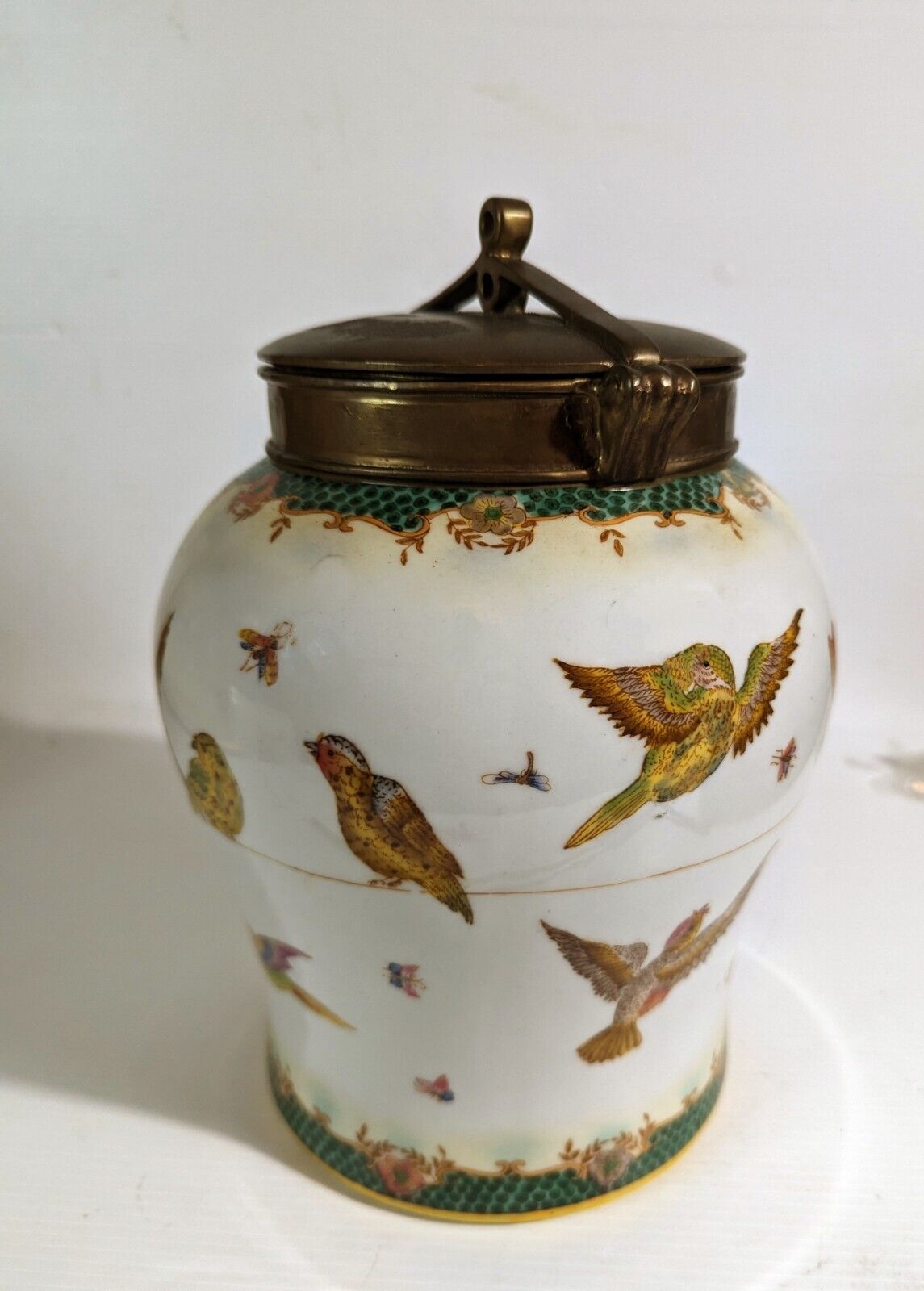 Porcelain Urn Heavy Bronze Lid Tozai Home w/Birds, Bees & Dragonflies Hand Done