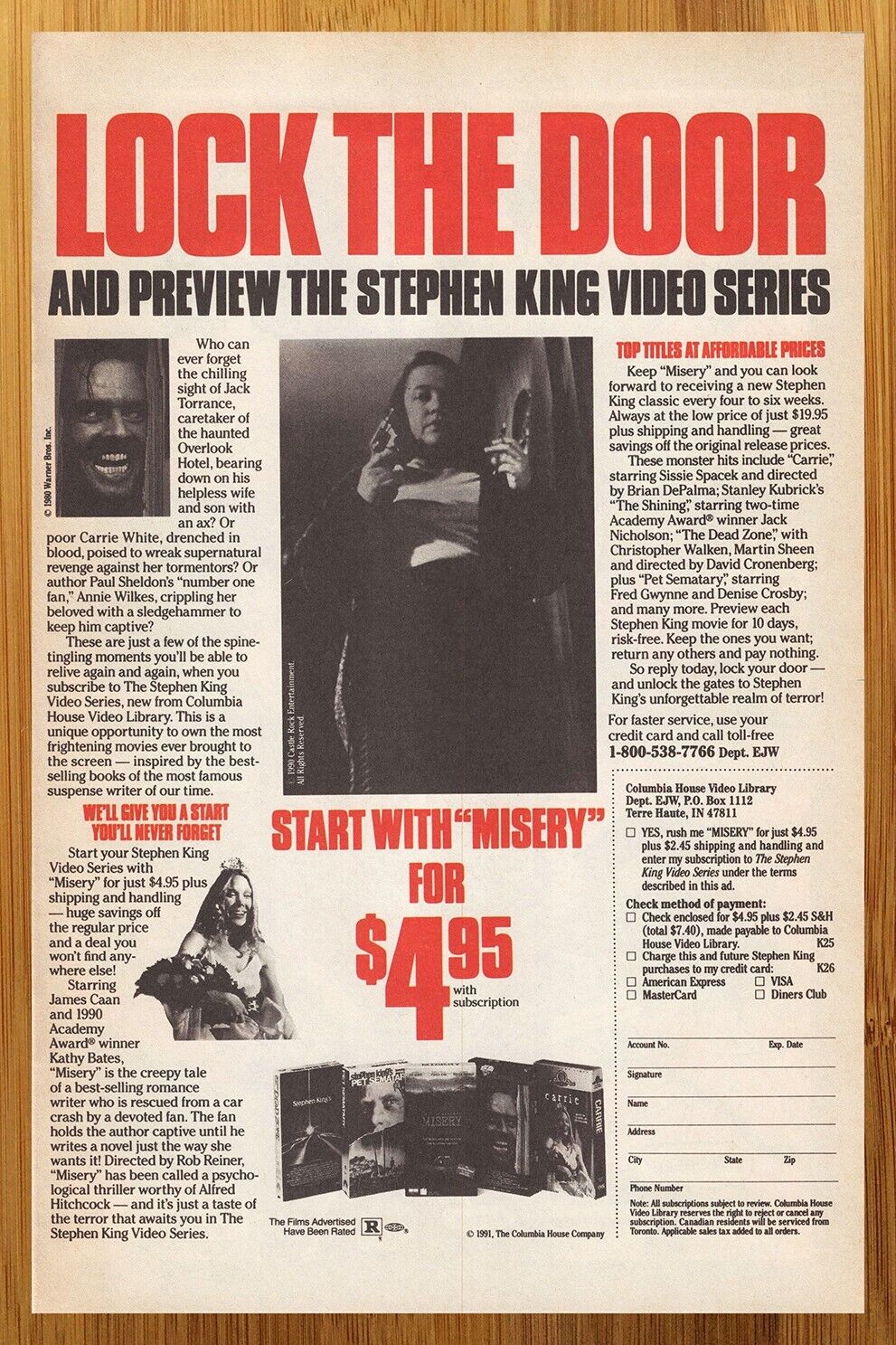 1991 Stephen King VHS Video Series Print Ad/Poster Misery Carrie The Shining Art