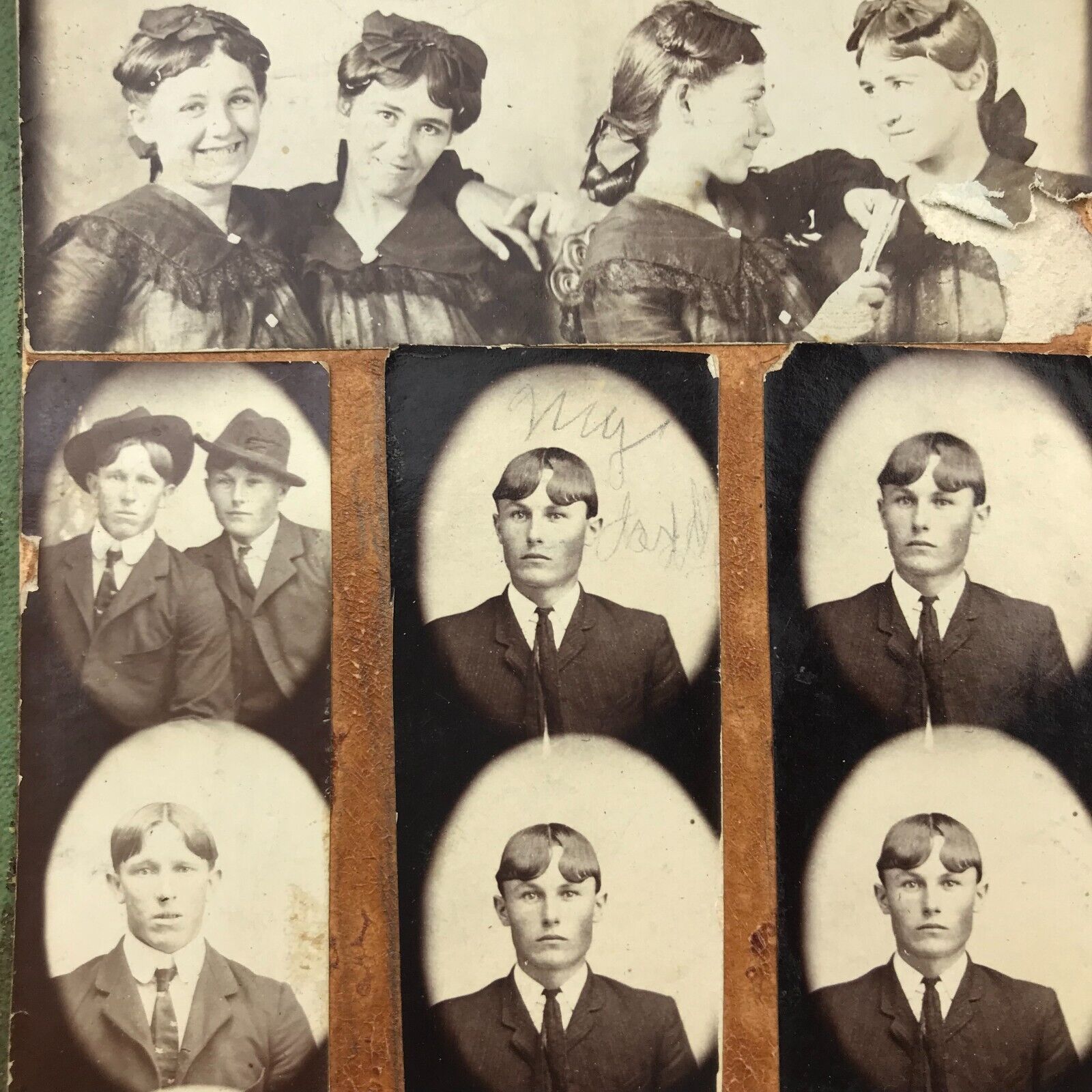 Antique Sepia Photos Cardboard Backing Young Men Women Collage Snapshots