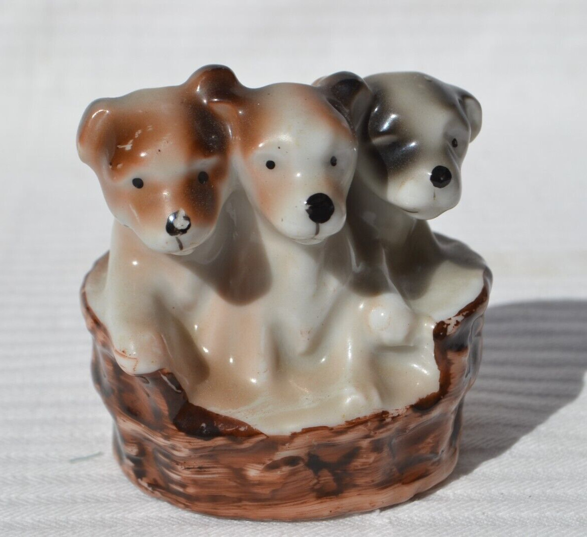 Puppies In a Basket Figurine Occupied Japan vintage porcelain dogs 3 inches