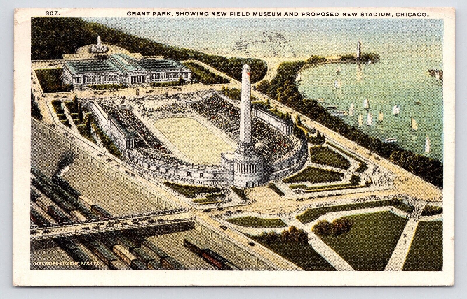 c1920s Grant Park Field Museum Stadium Aerial View Chicago Illinois IL Postcard