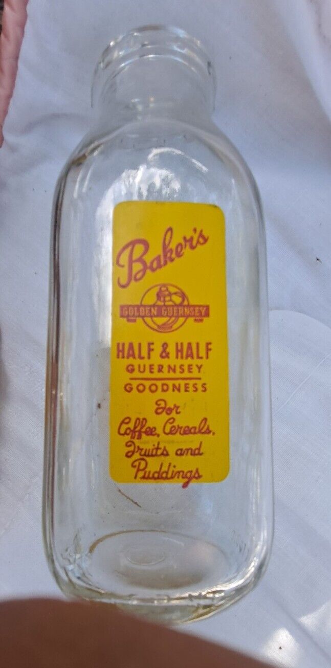 Baker\'s Golden Guernsey HALF & HALF Square 2 Color  Pyroglazed Pint Milk Bottle