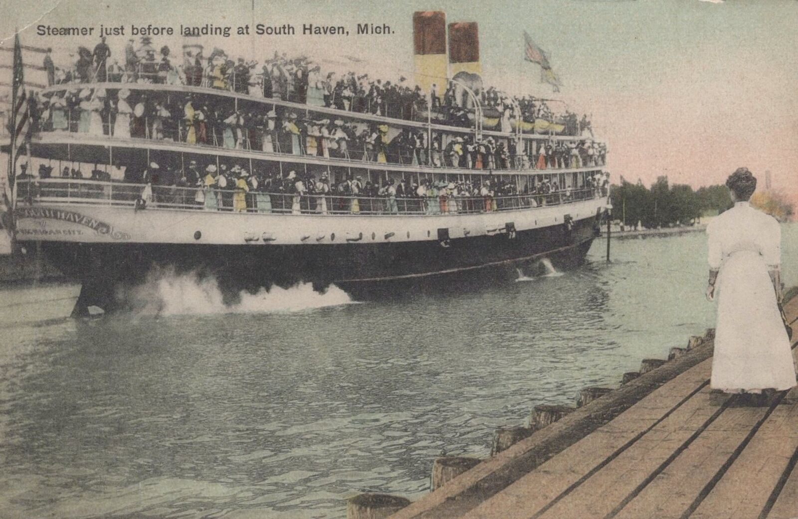 ZAYIX Postcard Great Lakes Steamer just before landing at South Haven, Mich.