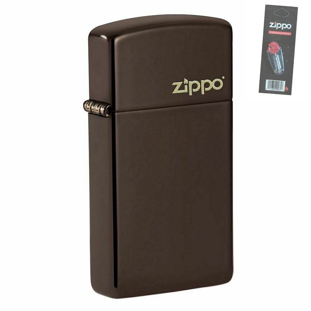 Zippo 49266ZL Slim Brown with Logo Windproof Pocket Lighter + FLINT PACK