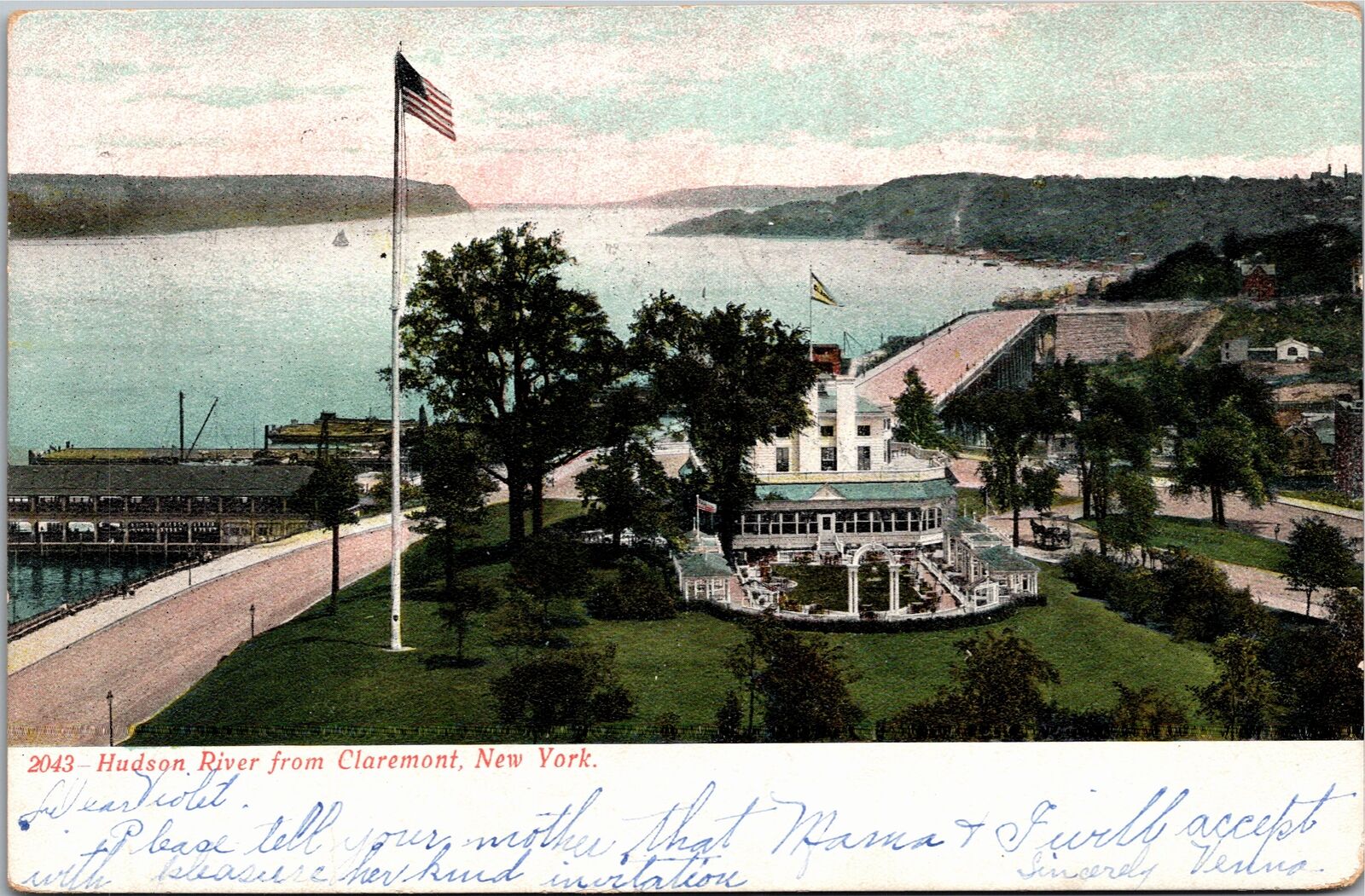 Postcard NY Hudson River from Claremont  1907