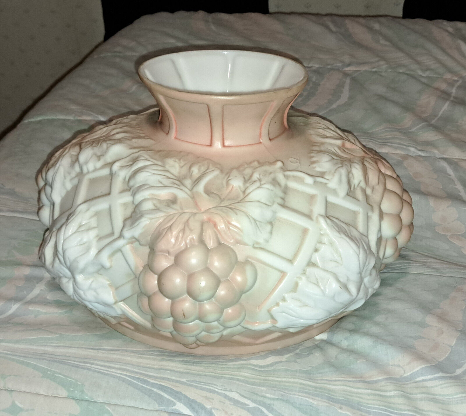 Antique large Milk glass and Pink Raised Grapes and lattice Desige Parlor lamp