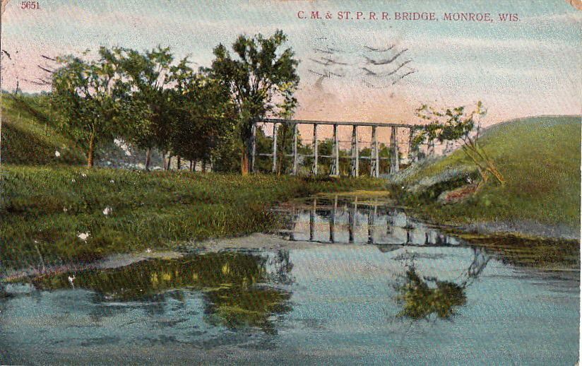 Postcard CM & St P Railroad Bridge Monroe WI 