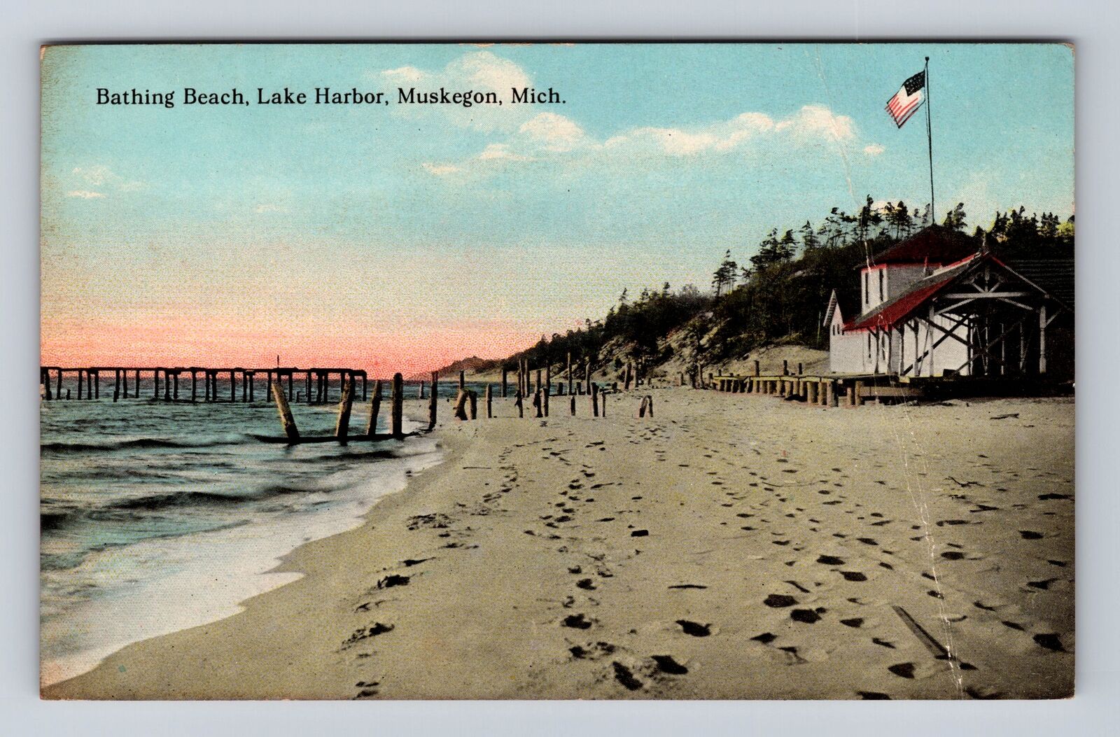 Muskegon MI-Michigan, Bathing Beach & Lake Harbor, Vintage Souvenir Postcard