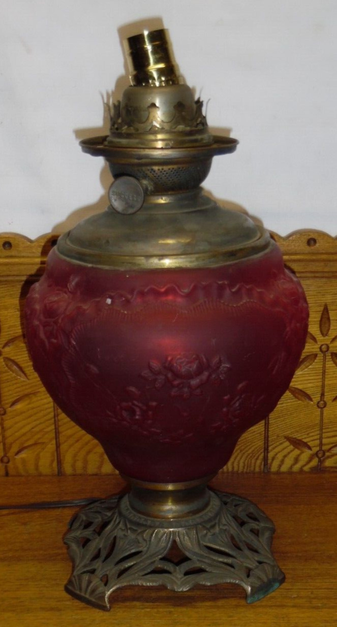 Electrified Antique Ruby Glass Success Kerosene Lamp Base