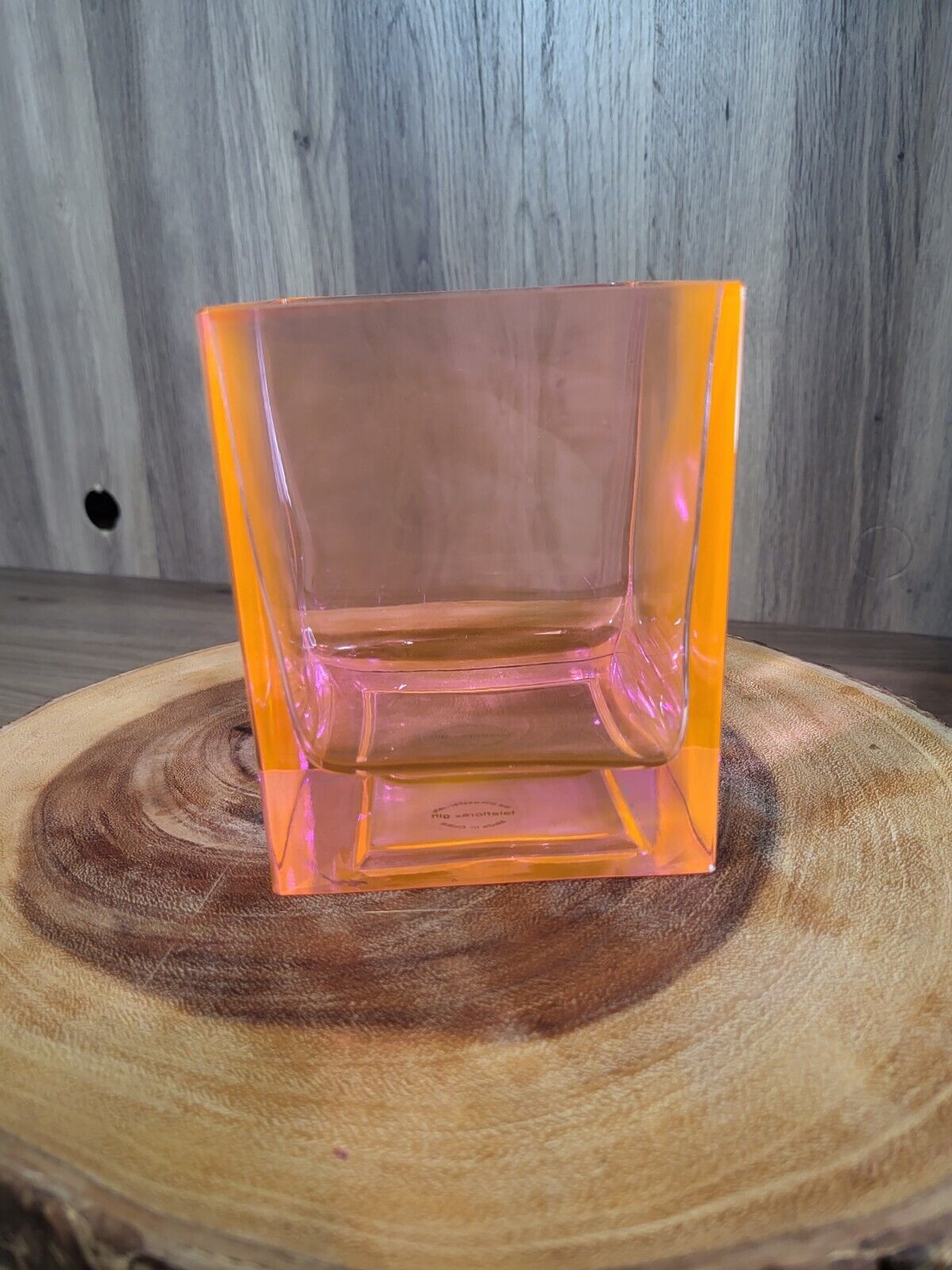 Vintage Teleflora Square Glass Vase  Planter Or Candel Holder Pink/Orange 