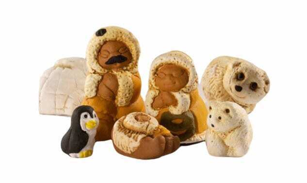 Handmade Unique Unusual Ceramic Eskimo Bears Igloo Nativity Miniature Set