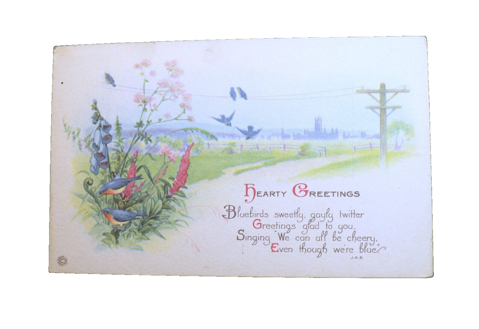 Antique 1920s Postcard Hearty Greetings Bluebirds Sweetly Gayly Twitter...