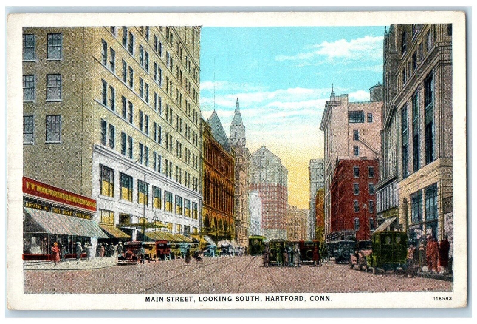 c1930\'s Main Street Looking South Trolley Cars Hartford Connecticut CT Postcard