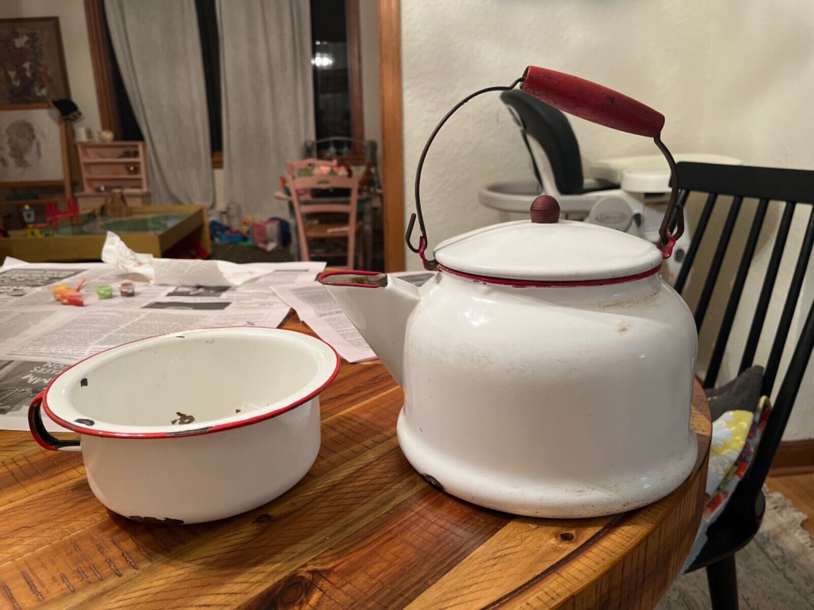 Large vintage enamel tea kettle with matching small basin