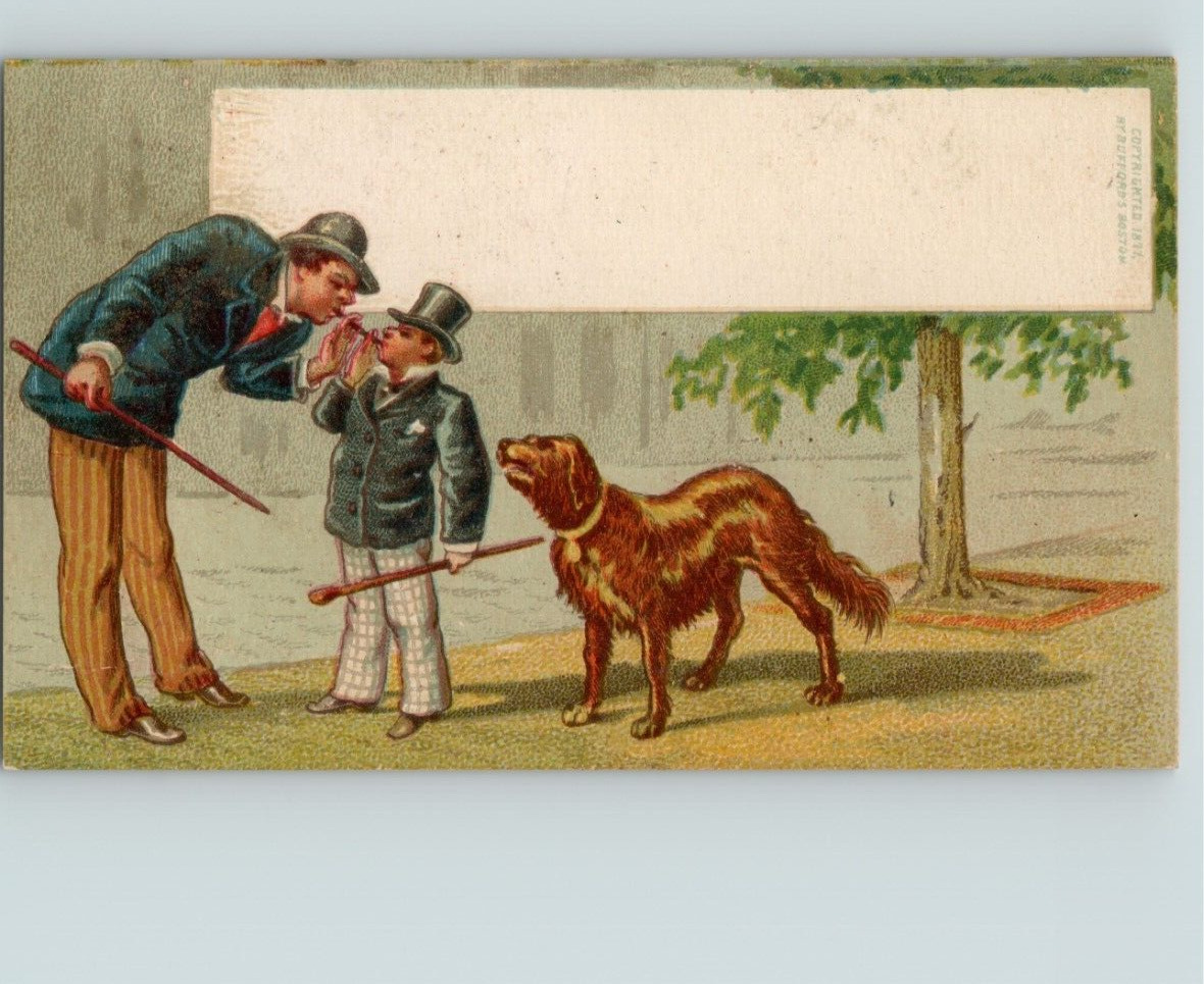 BUFFORD\'S BOSTON 1877 VICTORIAN TRADE CARD TWO MEN AND DOG LIGHTING CIGARS