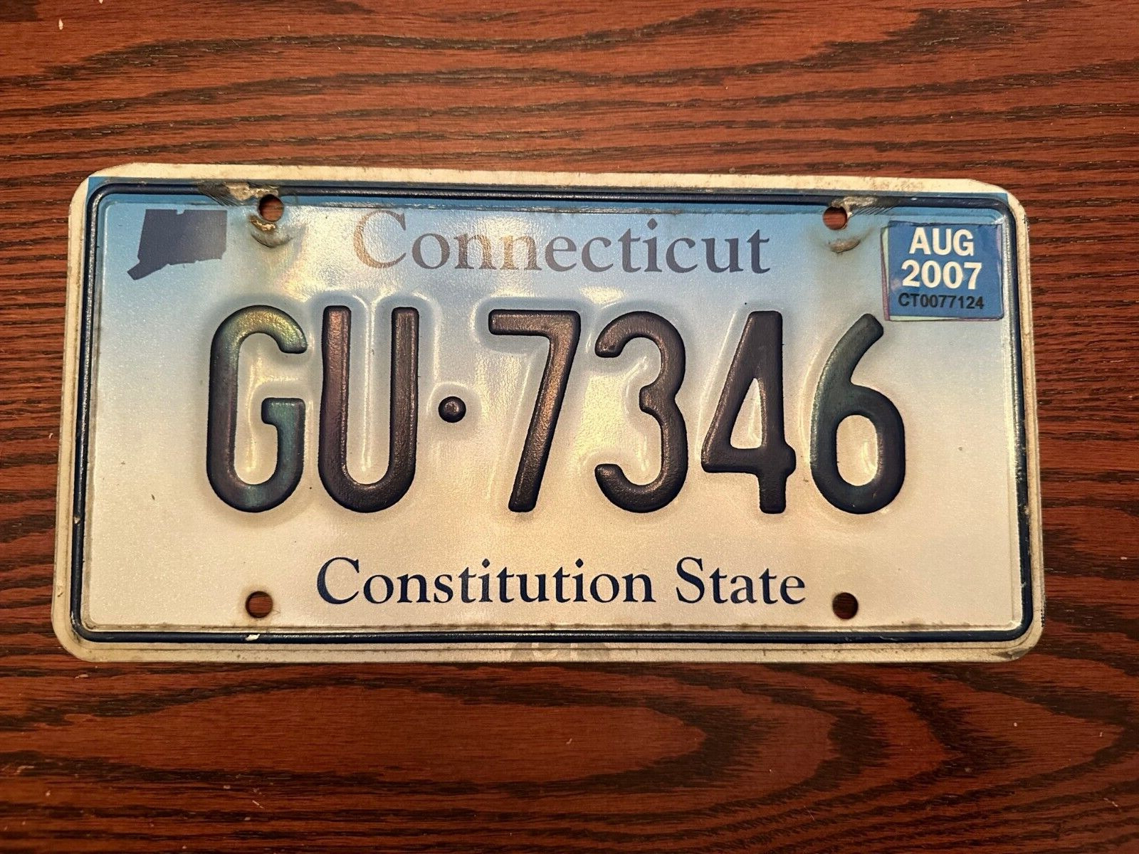 2007 Connecticut License Plate GU 7346 Constitution State Blue Fade CT August