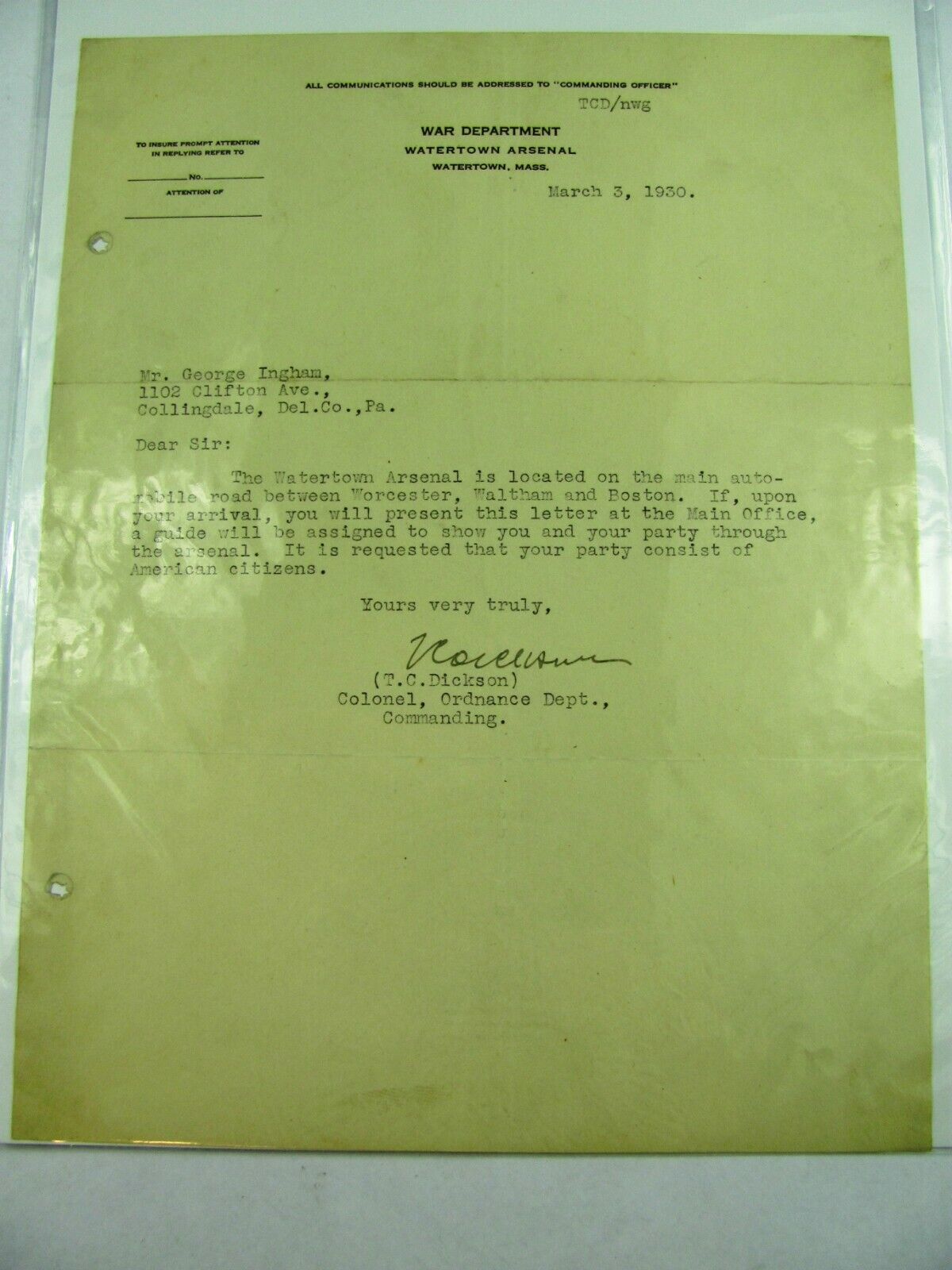 1930 Autograph Letter TC Dickson Watertown Arsenal Mass. War Department Colonel