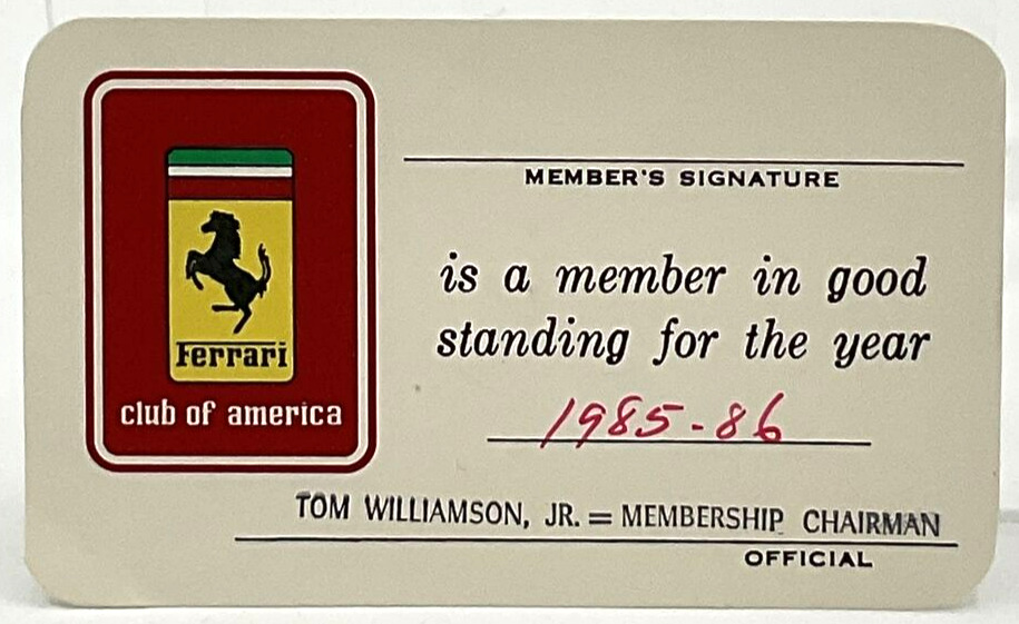 Vintage Ferrari Club of America Member in Good Standing Card 1985-86