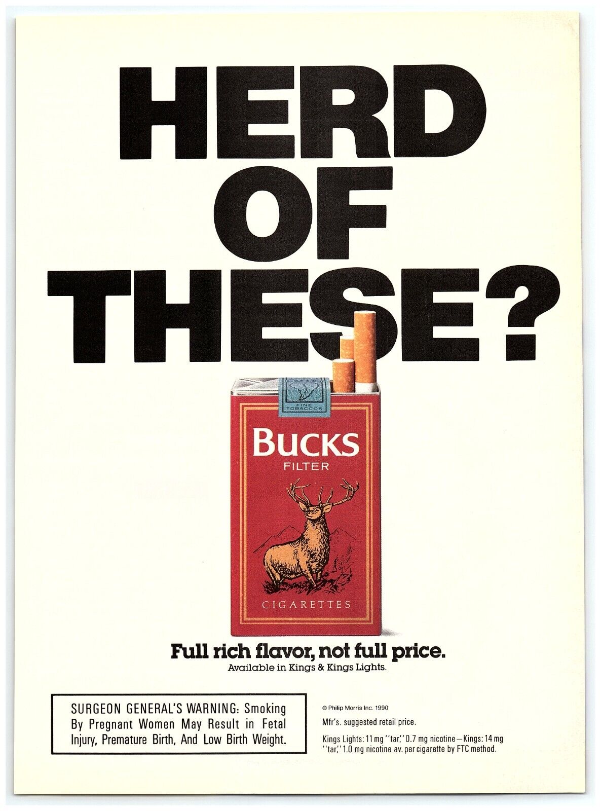 1990 Bucks Filter Cigarettes Print Ad, Herd of These? Male Deer Artwork Pack Red
