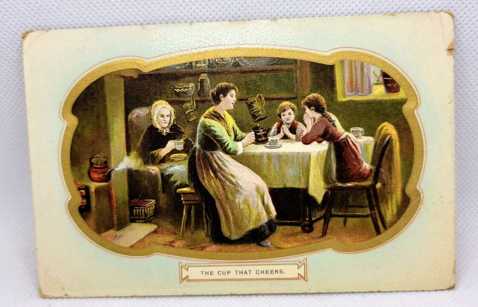 Postcard Pastoral Series Gel The Cup That Cheers Tea Divided C. 1910 Saxony Made