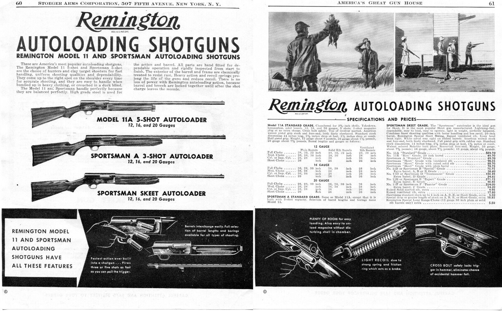 1946 2pg Print Ad of Remington Model 11 11A Sportsman Skeet Autoloader Shotgun