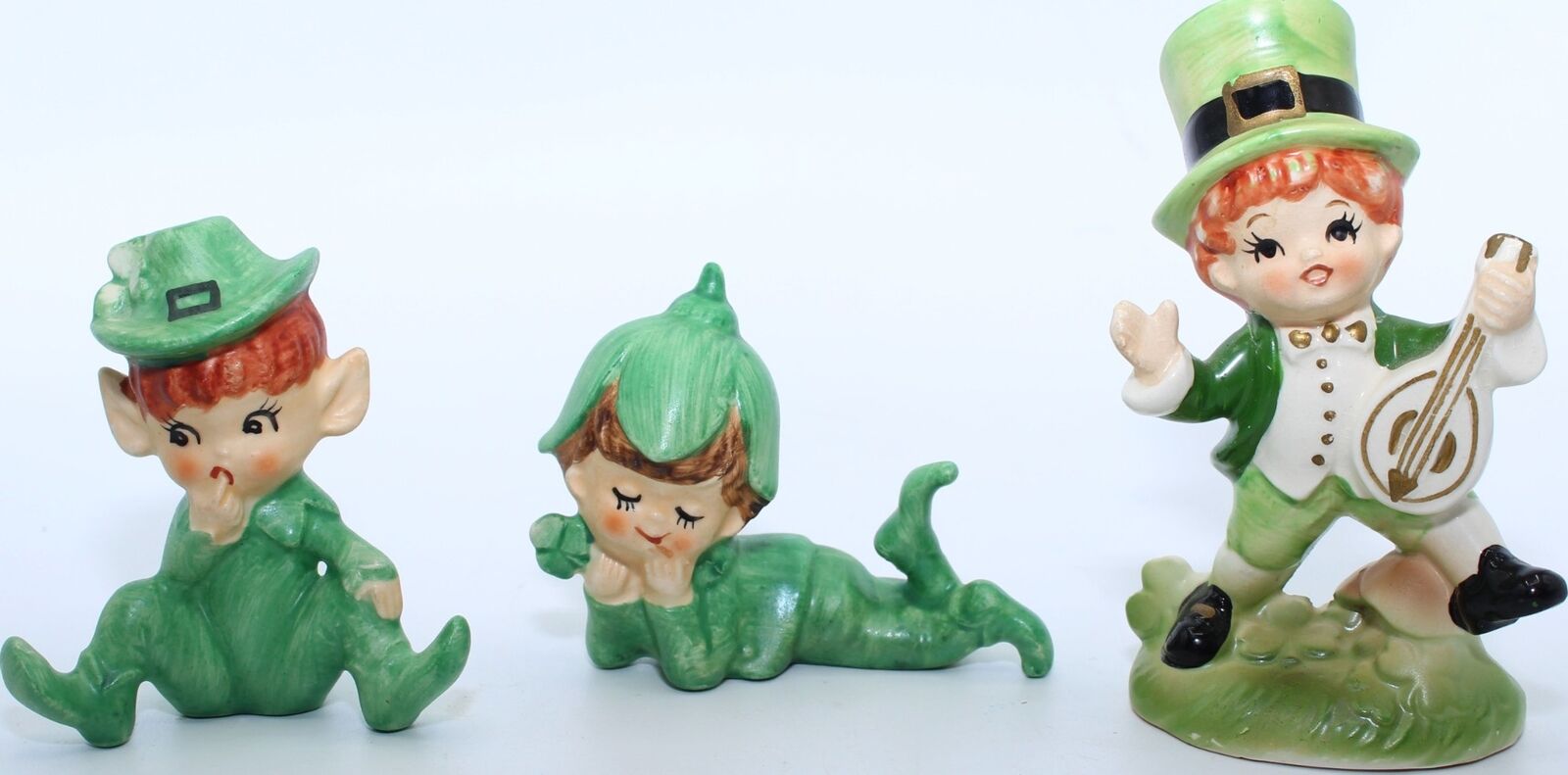 Vintage Lefton 963 St. Patrick's Day Green Leprechaun Ceramic Figurine Lot of 3