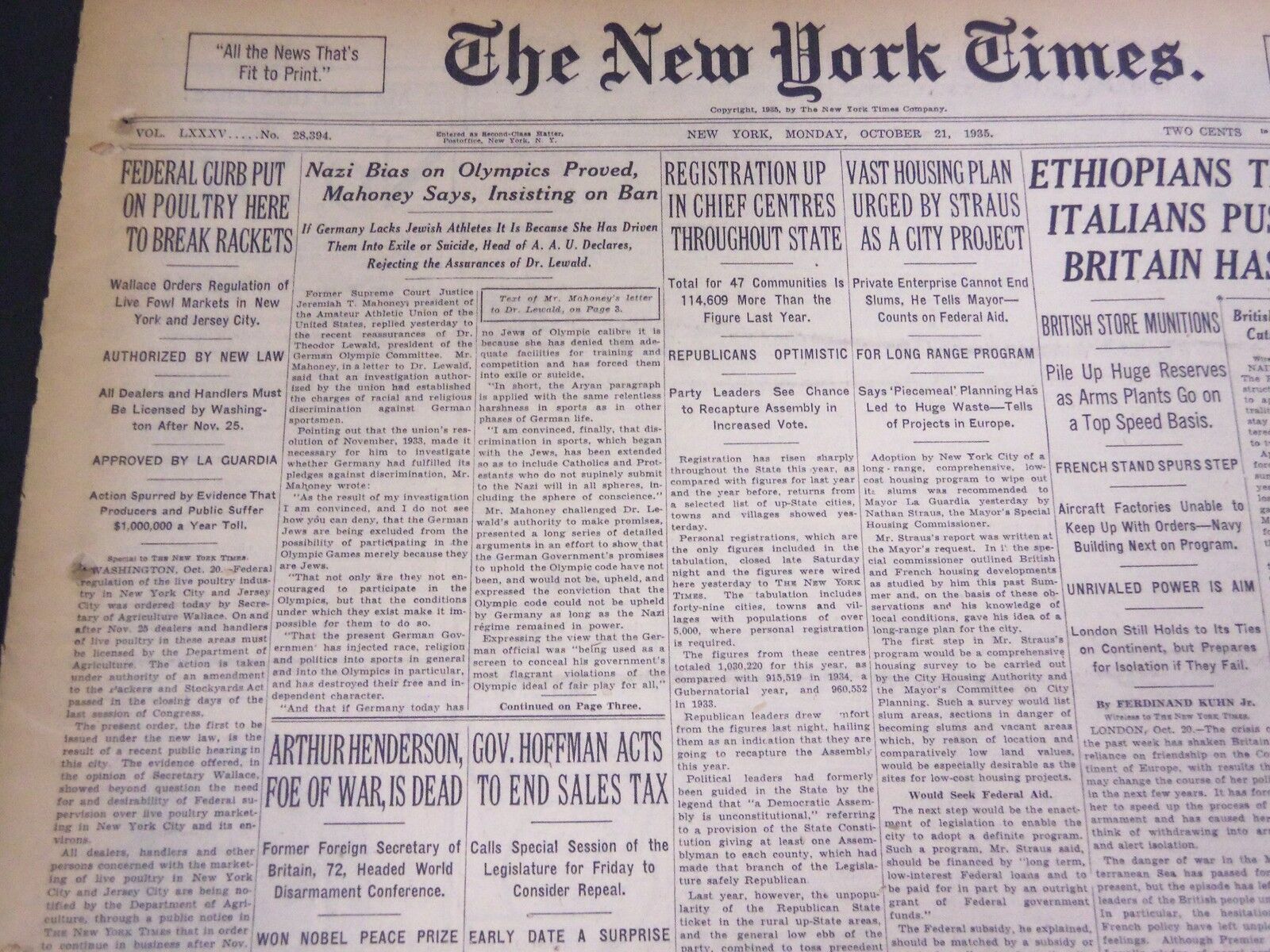 1935 OCTOBER 21 NEW YORK TIMES - NAZIS BIAS ON OLYMPICS PROVED - NT 4914