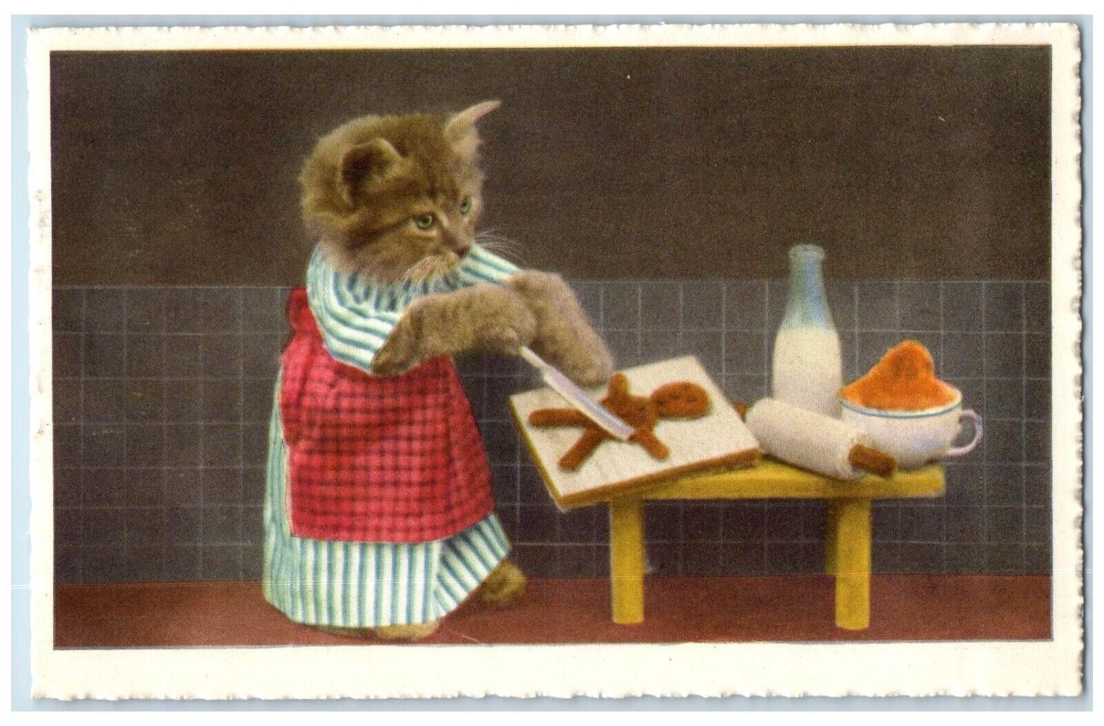 c1910\'s Anthropomorphic Cat Baking Human Shape Dough Roller Antique Postcard