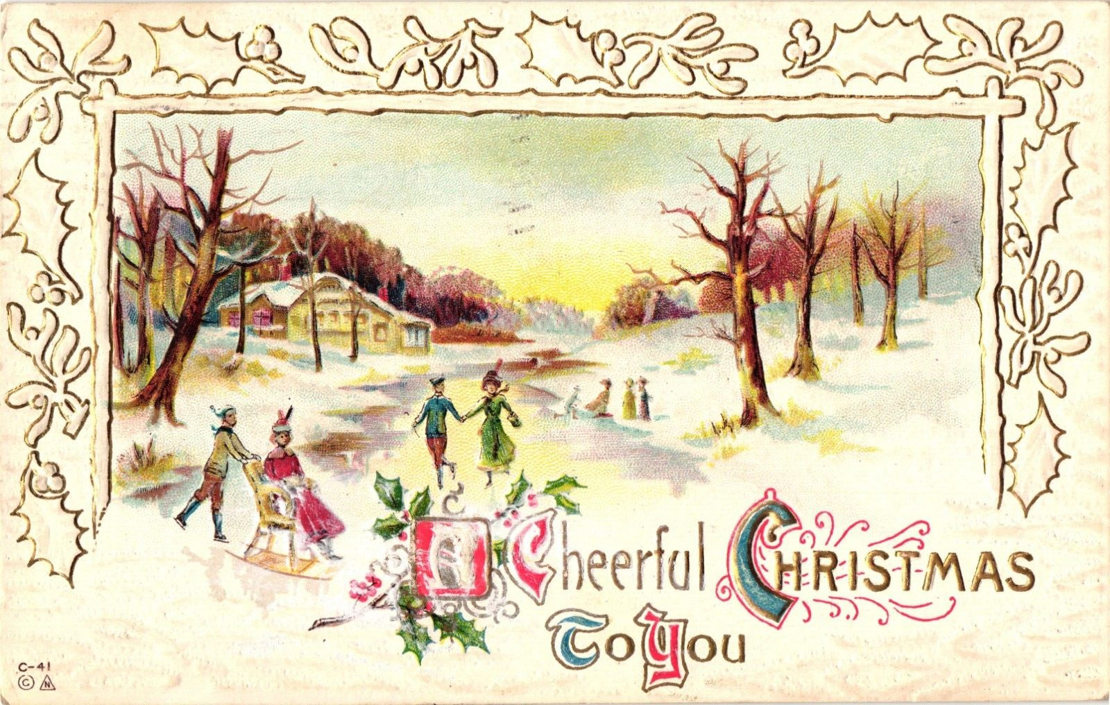 1912 Ice Skating CHEERFUL CHRISTMAS TO YOU Embossed Postcard