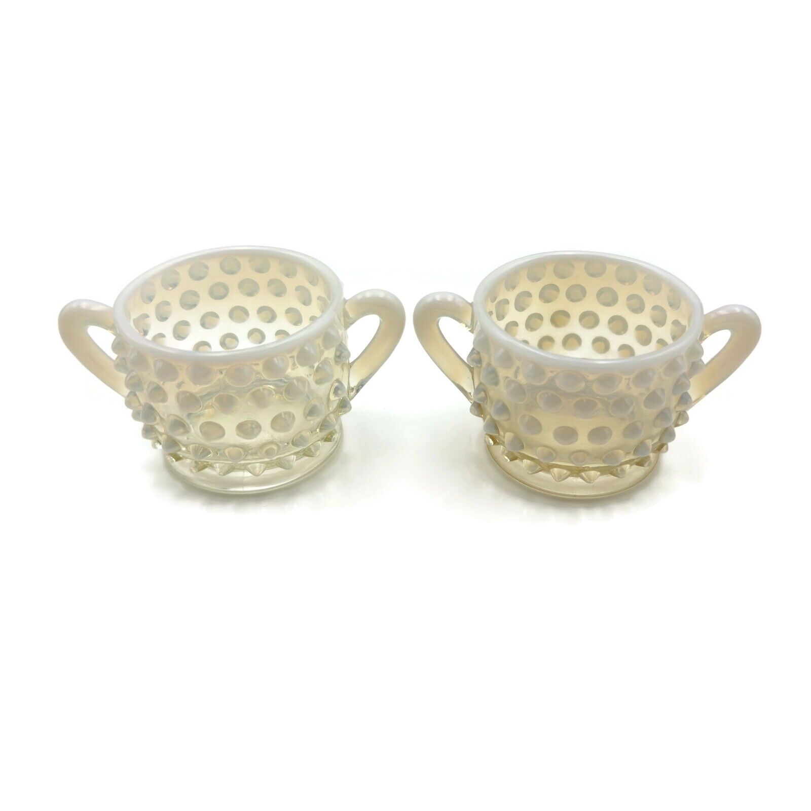 Two White Fenton 1950\'s Opalescent Moonstone Hobnail Mini Sugar Bowls