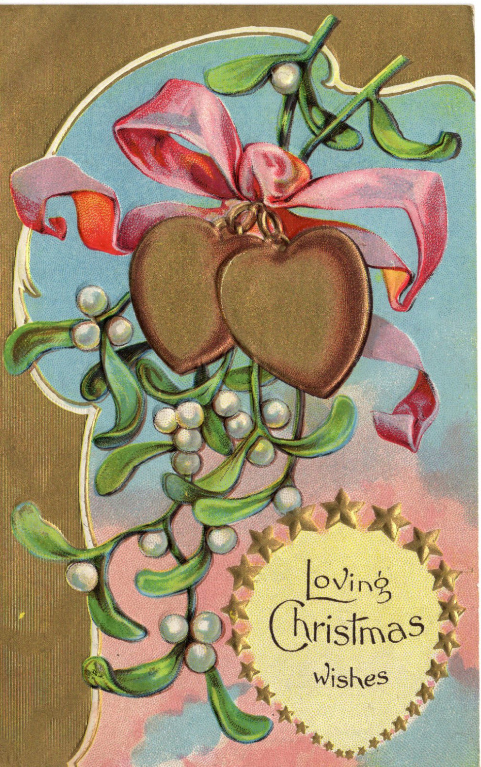 Postcard Christmas Embossed Hearts Pink Bow Flowers Loving Christmas -9647