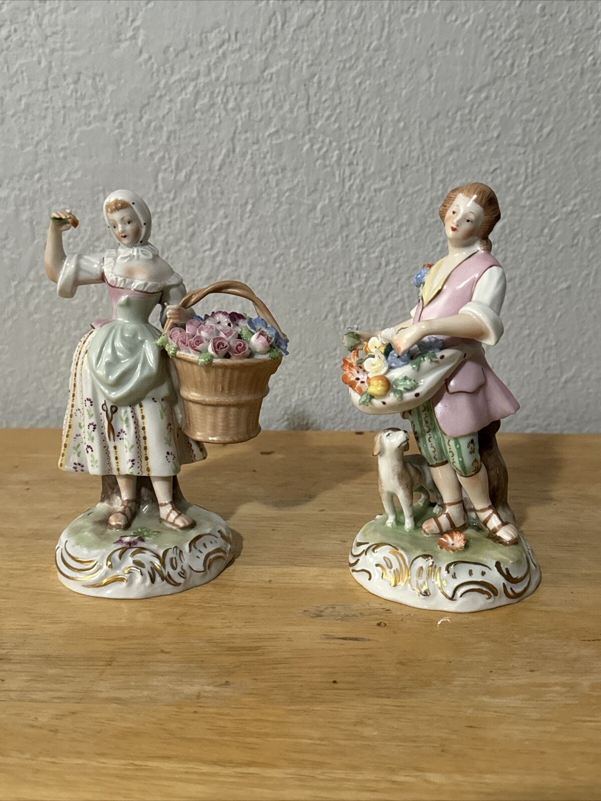 Antique Dresden Carl Thieme Man Woman Flowers Porcelain 6” Figurines
