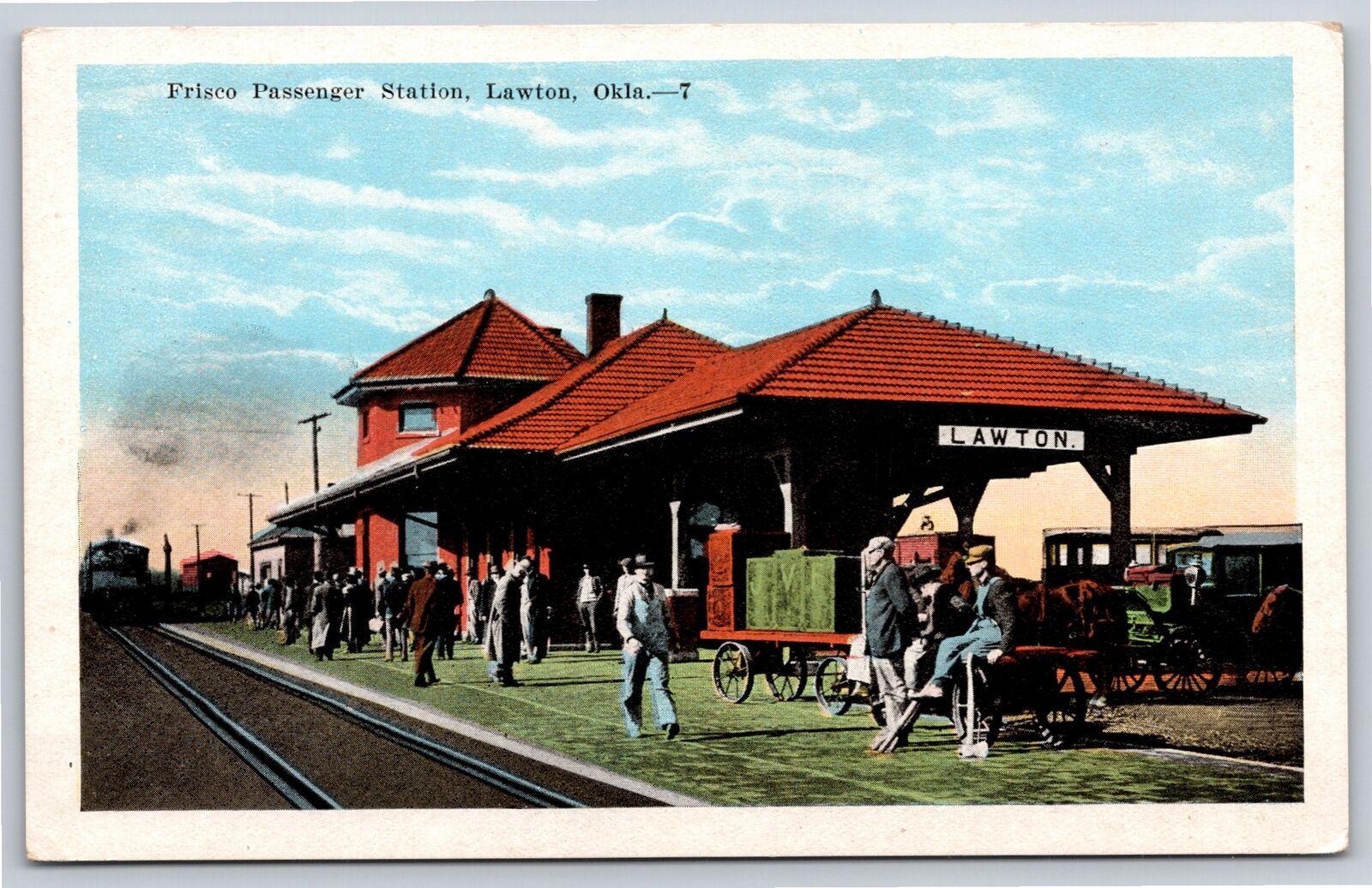 Depots~Lawton Oklahoma~Frisco Railroad Passenger Station Scene~Vintage Postcard