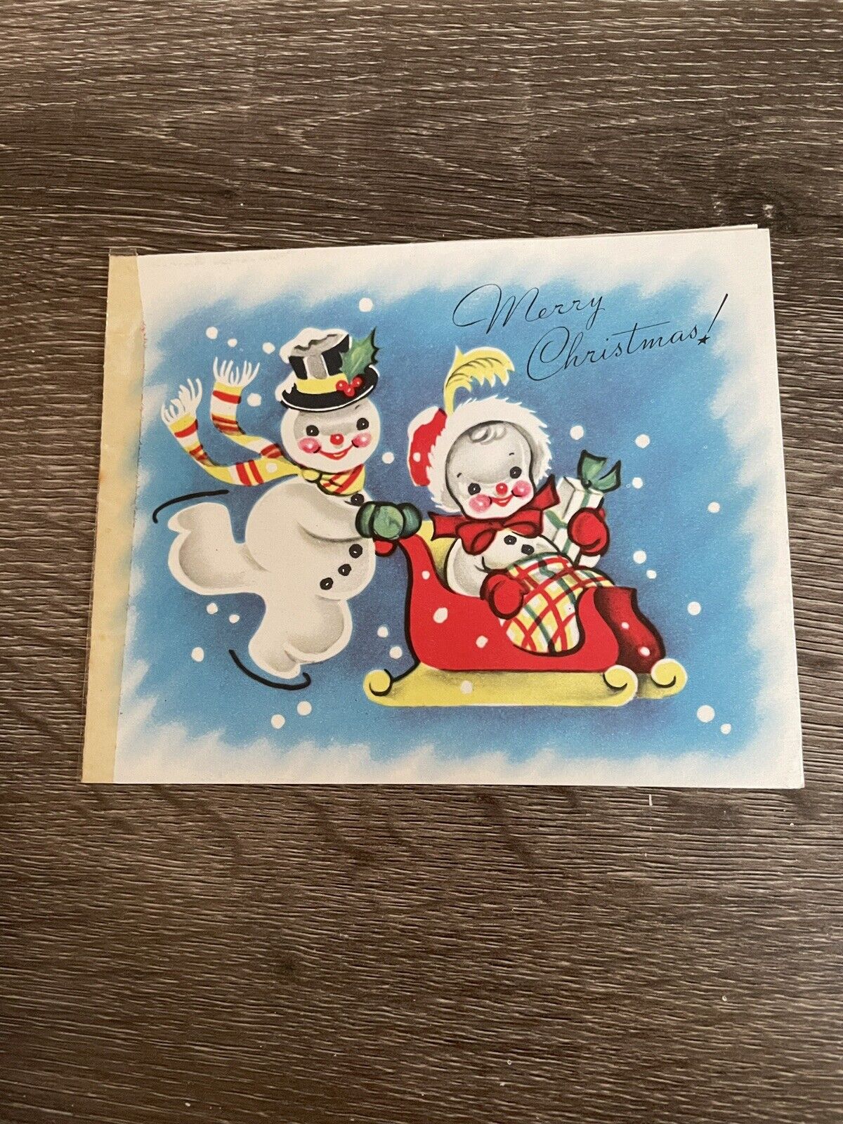 Vintage Christmas Card, Snowman Pushing Sled, Jolly Greeting For Joy, Used