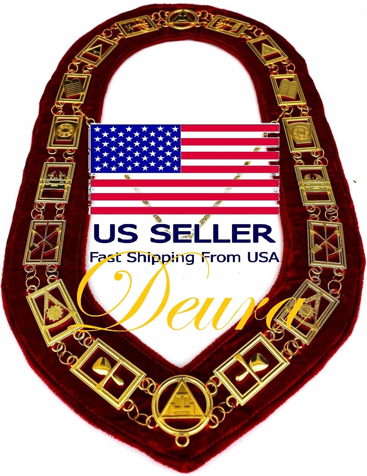 Masonic ROYAL ARCH MARK MASTER Metal Chain Collar RED VELVET USA SELLER