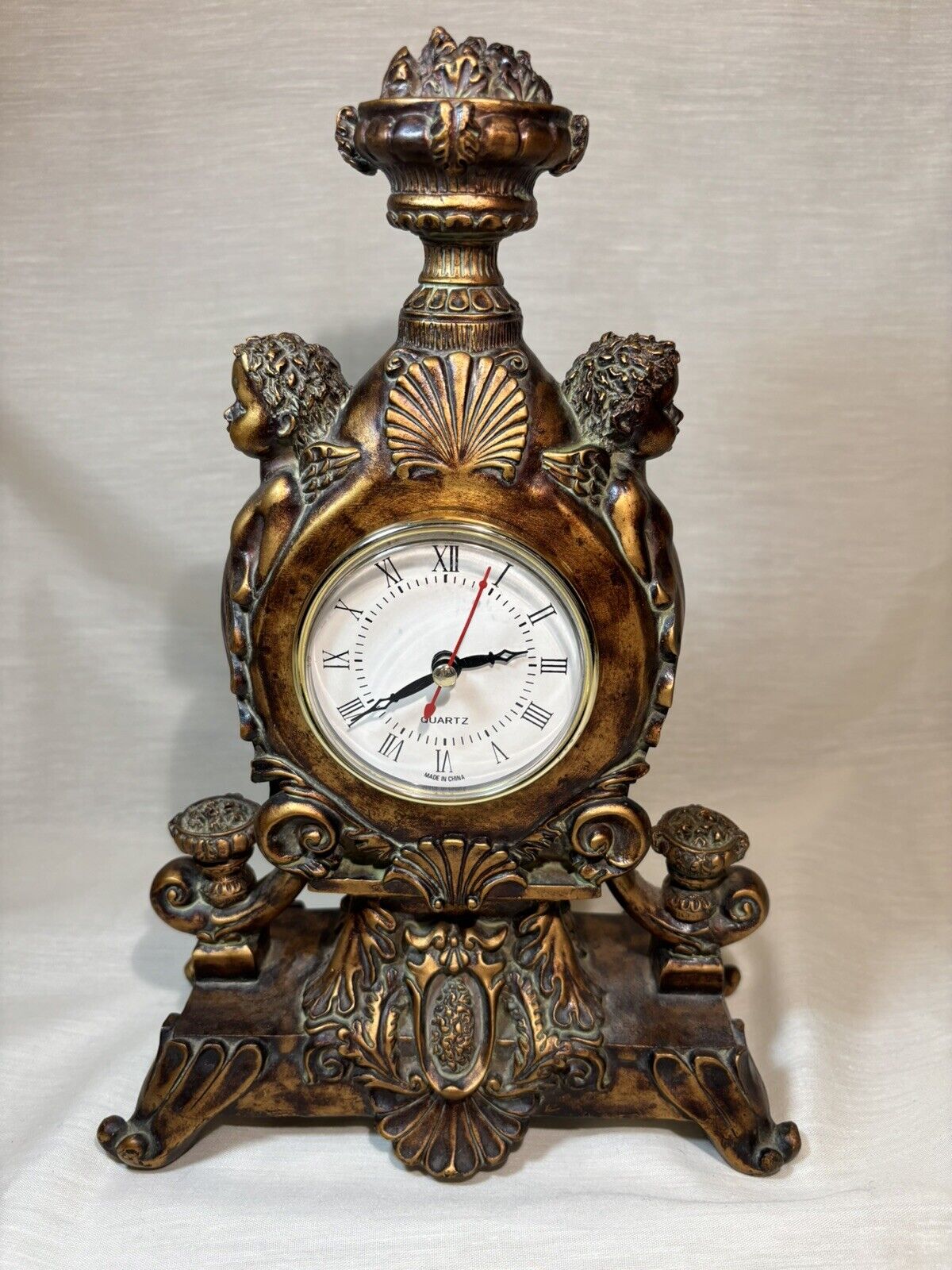 Vintage Double Cherub Antique Bronze Finish Finely Sculpted Quartz Clock Working