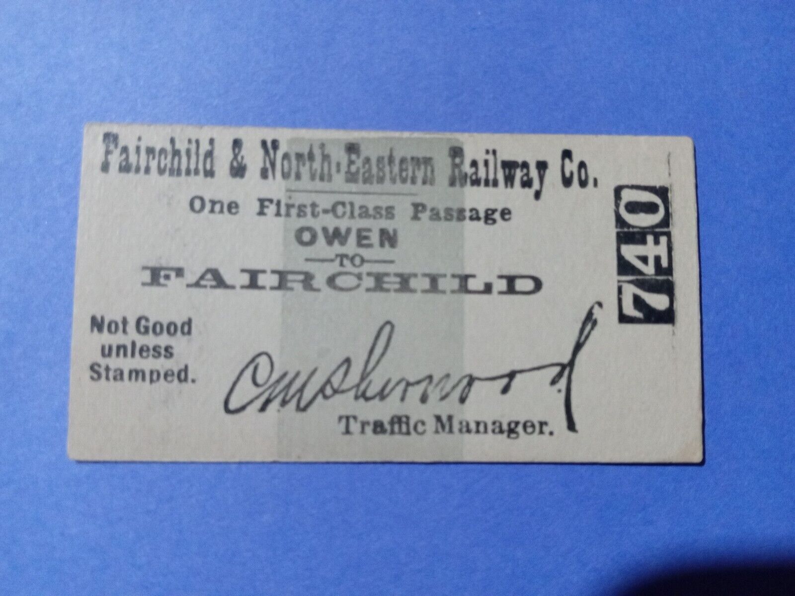 Unused Fairchild & North Eastern Railway Ticket Owen - Fairchild Wisconsin