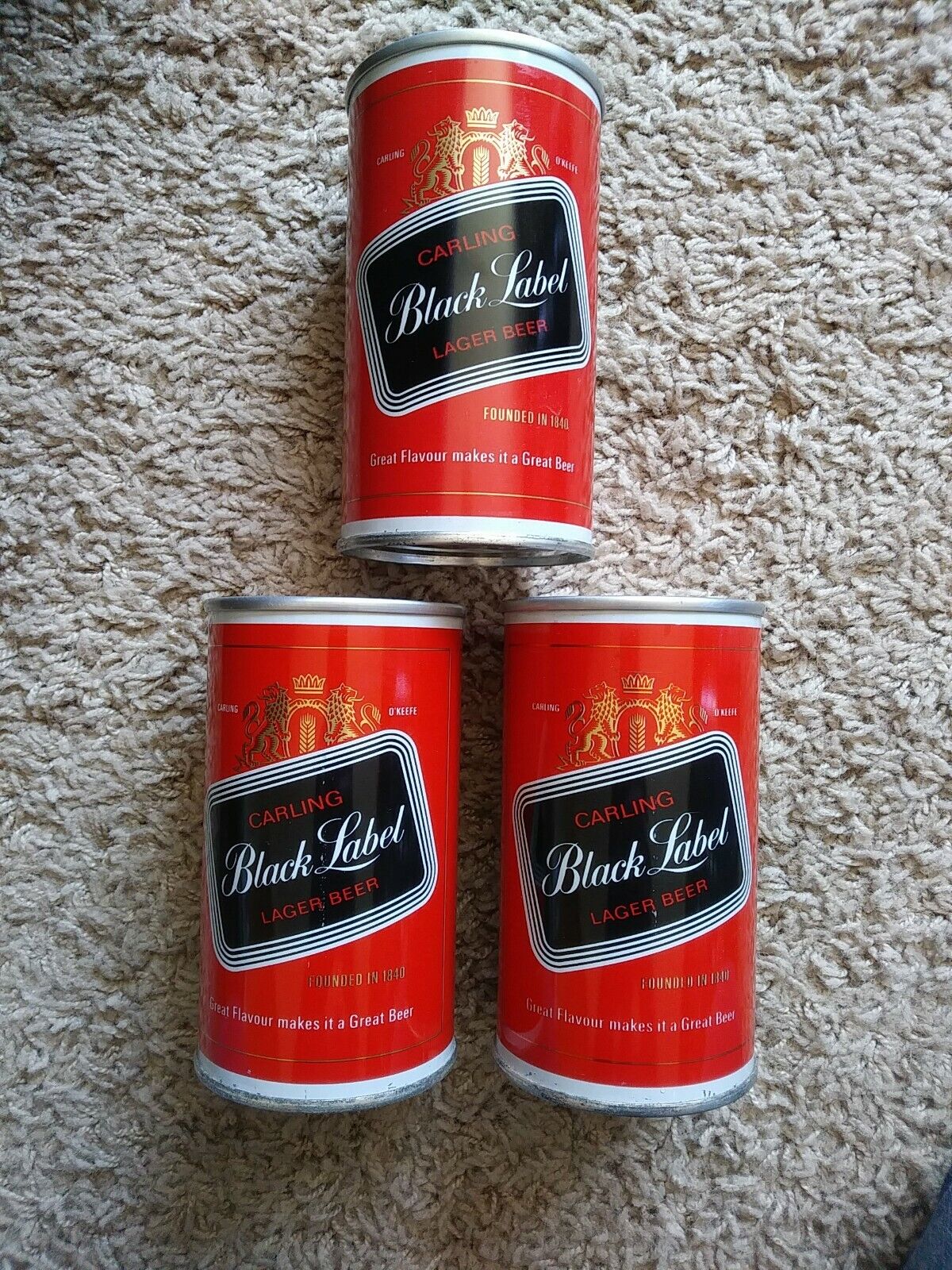 3 Vintage BLACK LABEL Canadian EMPTY Beer Cans STRAIGHT STEEL CARLING O'KEEFE